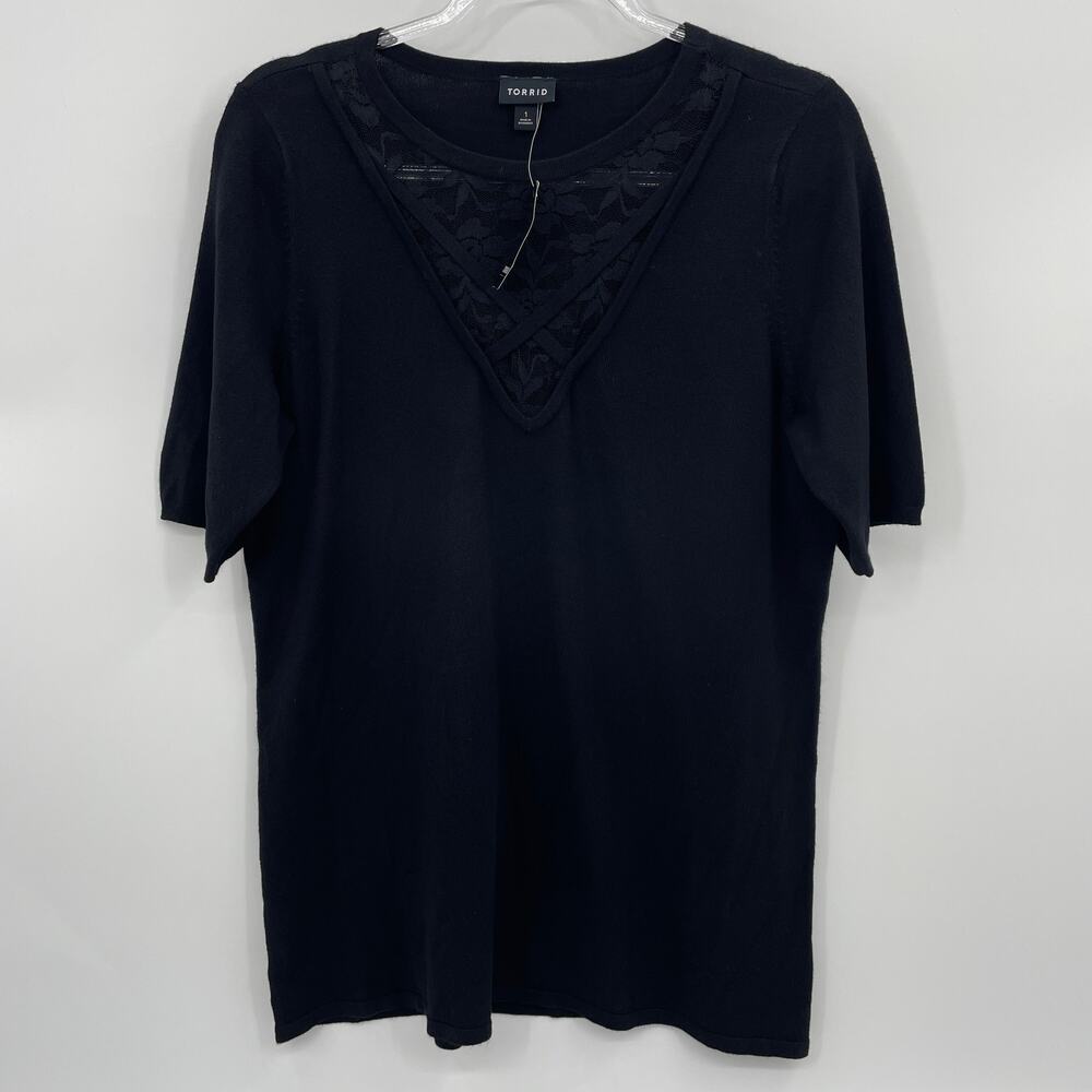 New TORRID Pullover Lace Neck Sweater Top Womens 1X Black Knit Short Sleeve